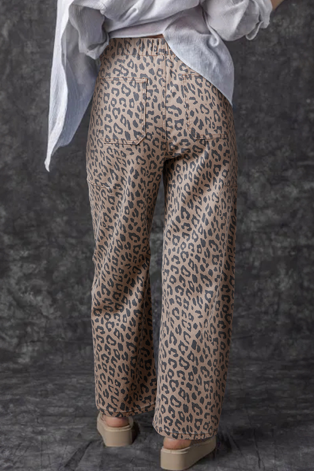 Khaki Leopard Printed Drawstring Jeans