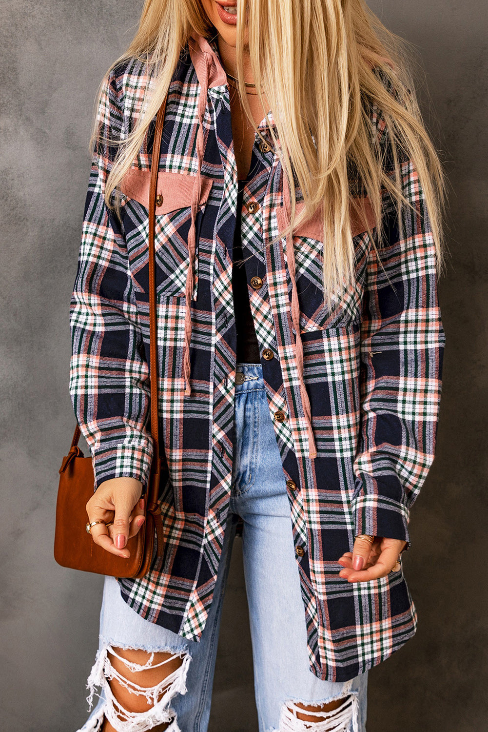 Pink Contrast Hooded Plaid Jacket
