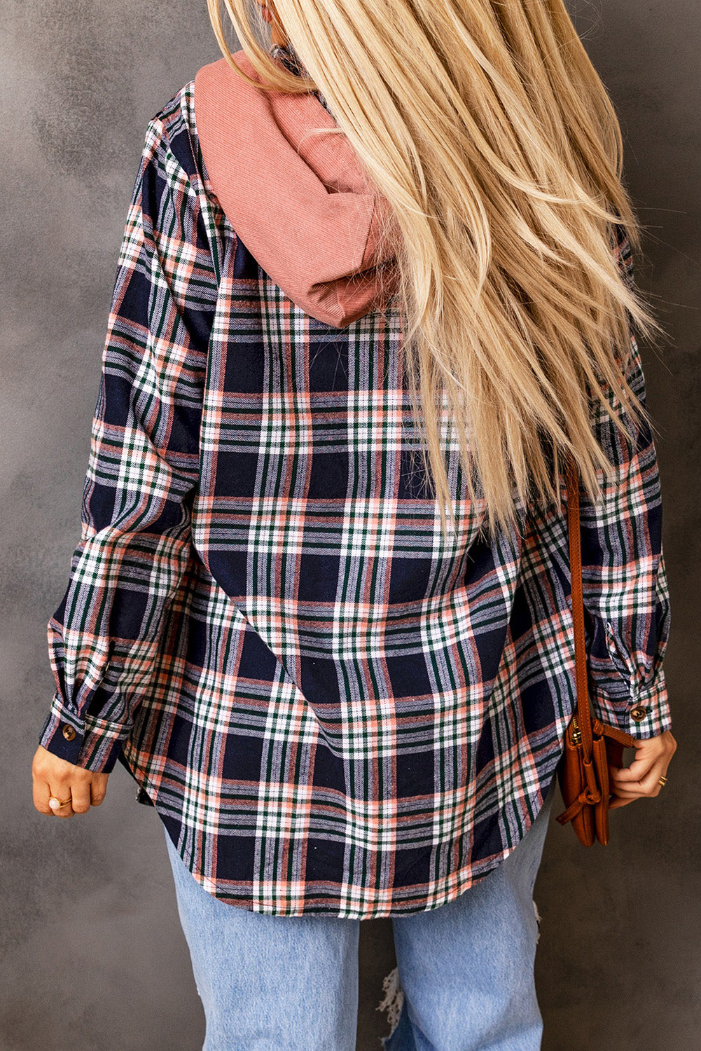 Pink Contrast Hooded Plaid Jacket