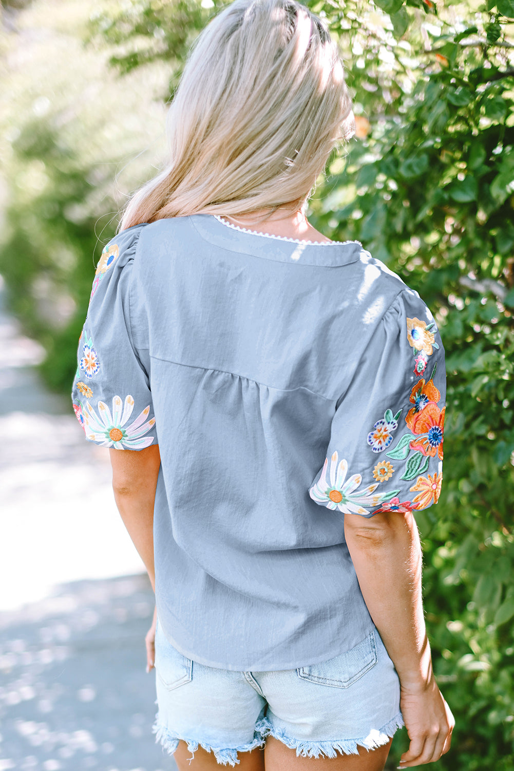 Blue Flower Embroidered Tee