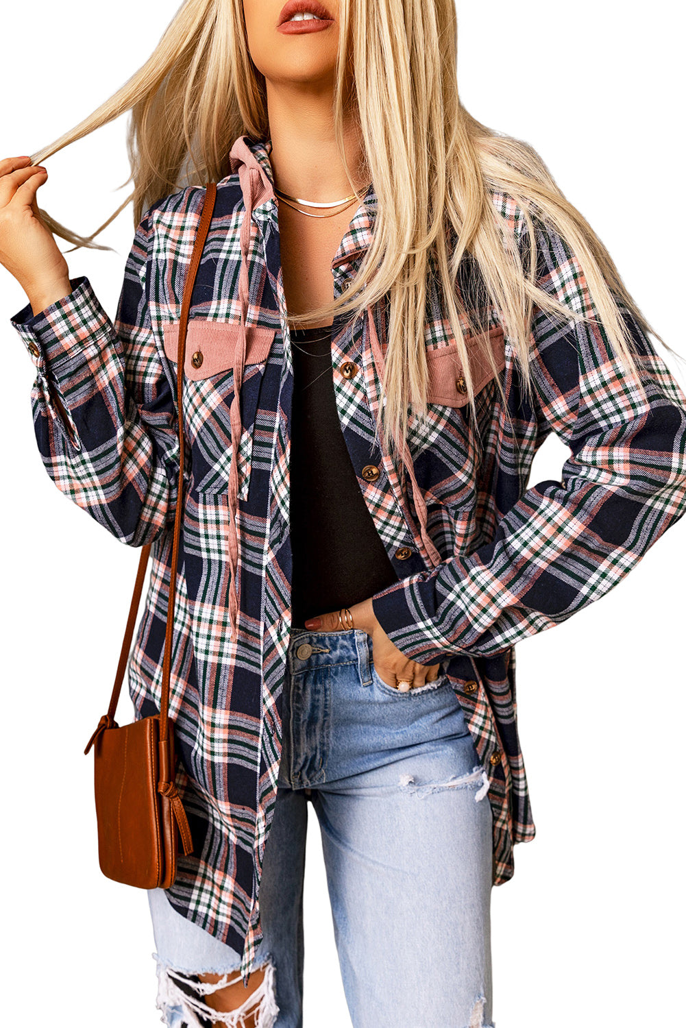 Pink Contrast Hooded Plaid Jacket