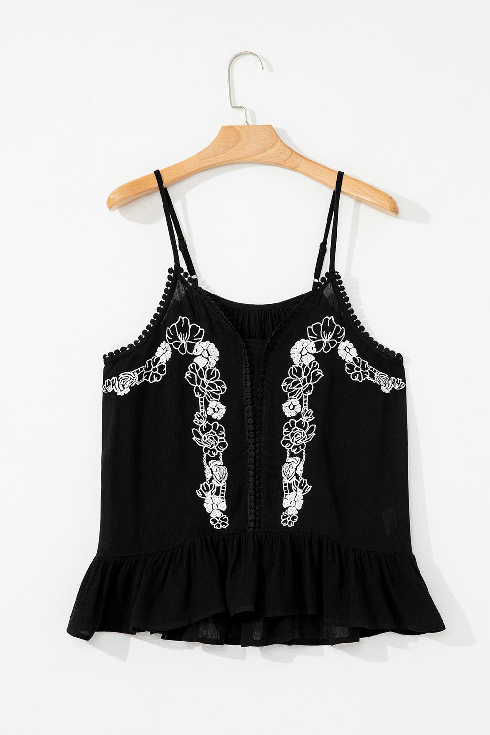 Black Embroidered Ruffled Tank