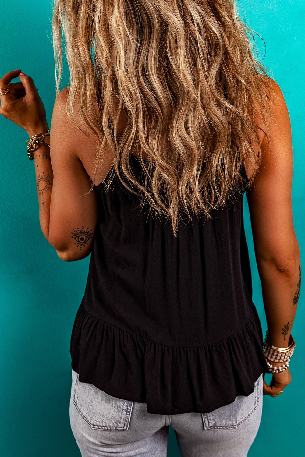 Black Embroidered Ruffled Tank