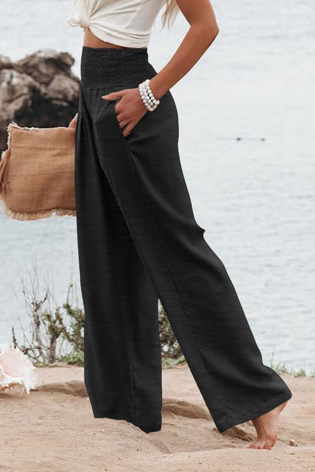 Black Shirred Wide Leg Pants