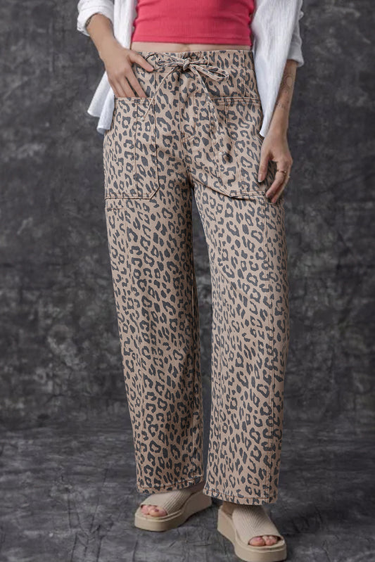 Khaki Leopard Printed Drawstring Jeans