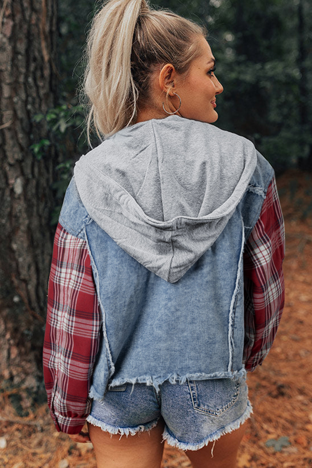 Beau Blue Plaid Sleeve Hooded Denim Jacket