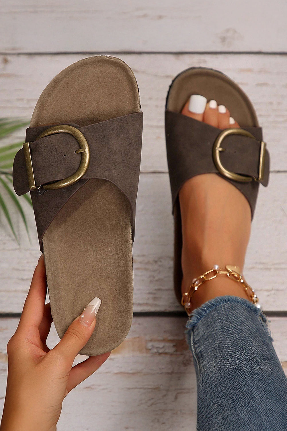Coffee Color Buckled Faux Suede Sandals