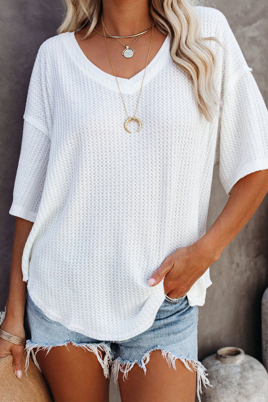 White Half Sleeve Textured Top