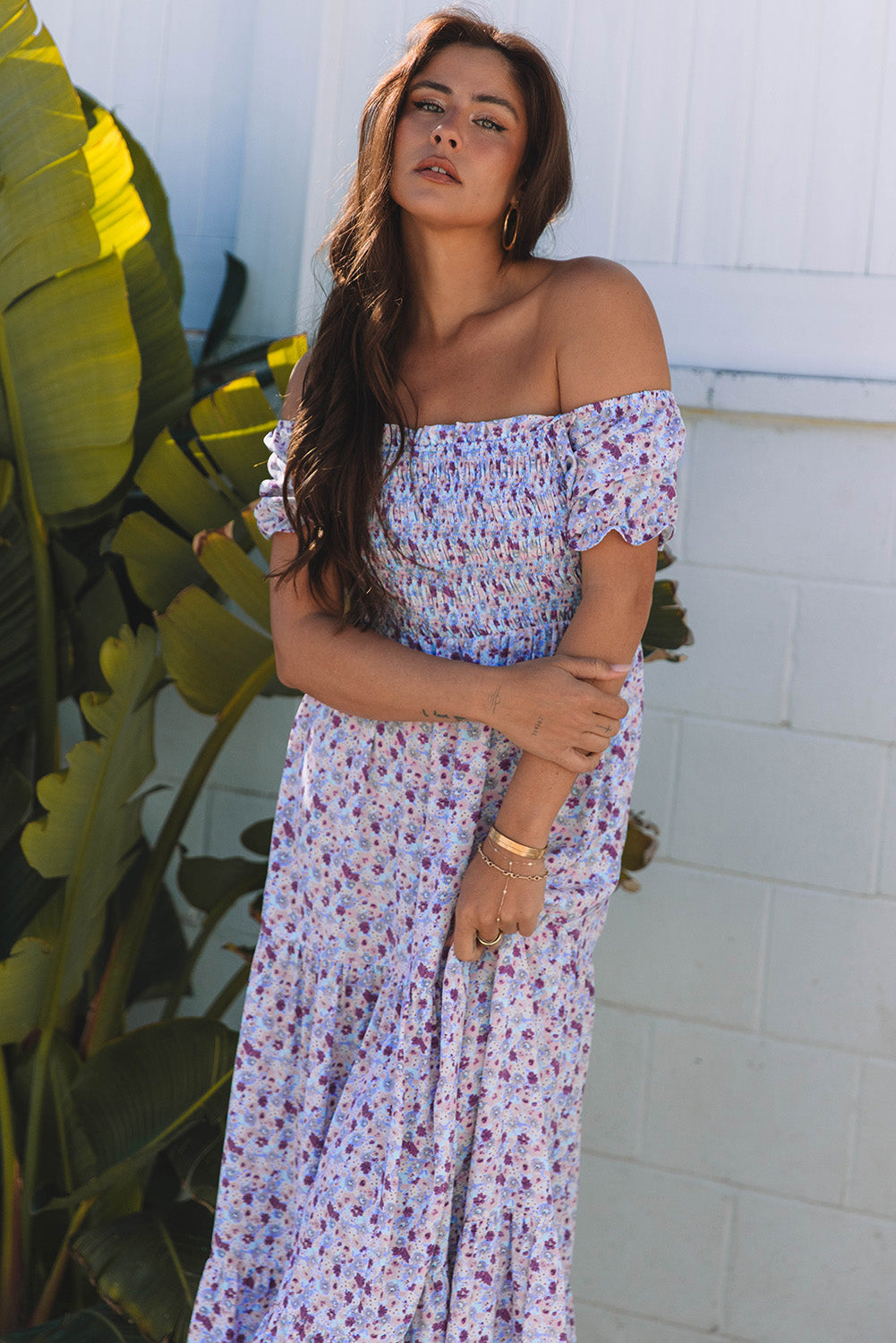 Purple Floral Off-Shoulder Dress