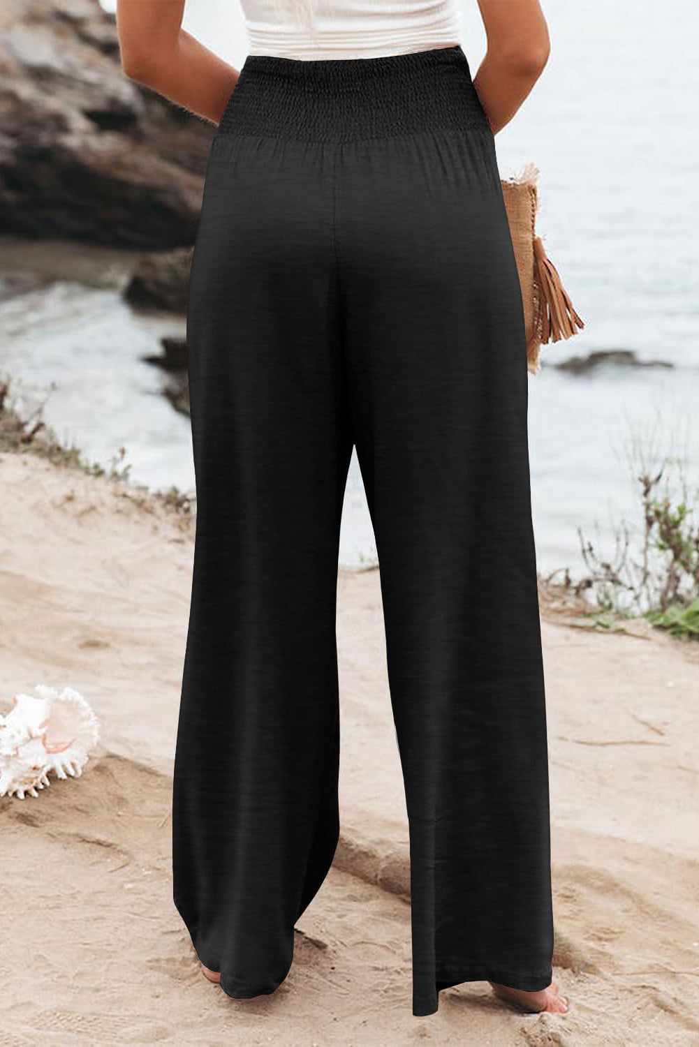 Black Shirred Wide Leg Pants