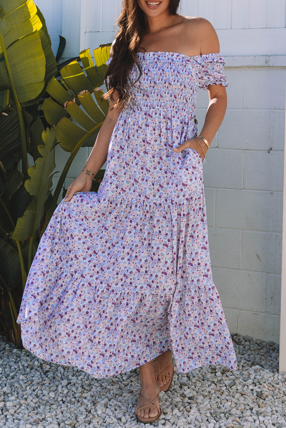 Purple Floral Off-Shoulder Dress