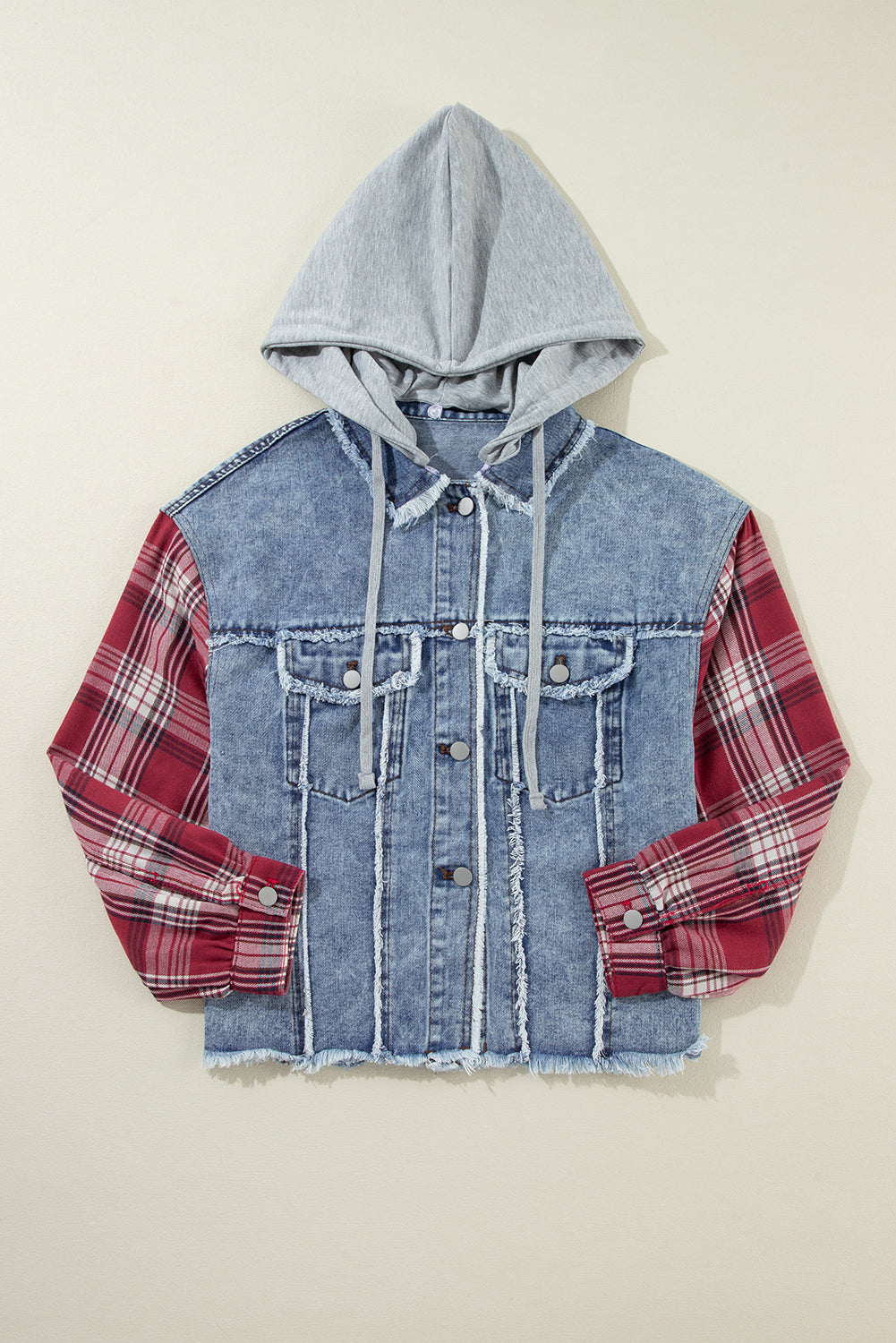 Beau Blue Plaid Sleeve Hooded Denim Jacket
