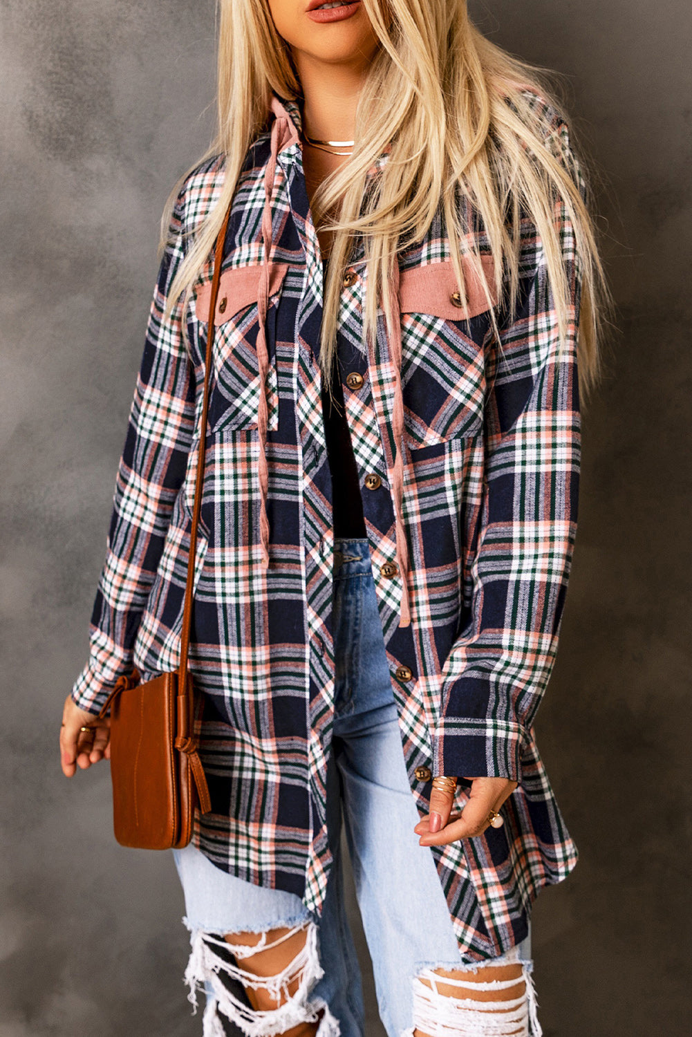 Pink Contrast Hooded Plaid Jacket