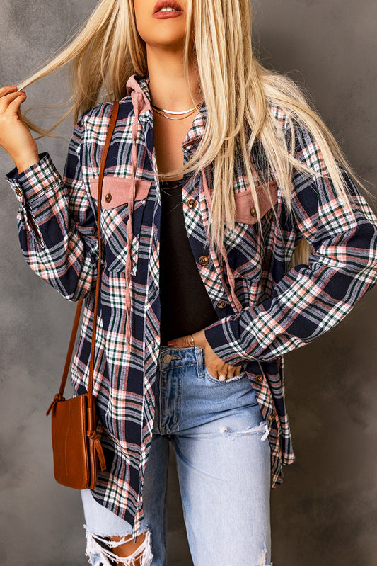 Pink Contrast Hooded Plaid Jacket