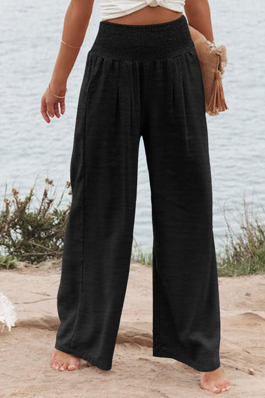 Black Shirred Wide Leg Pants