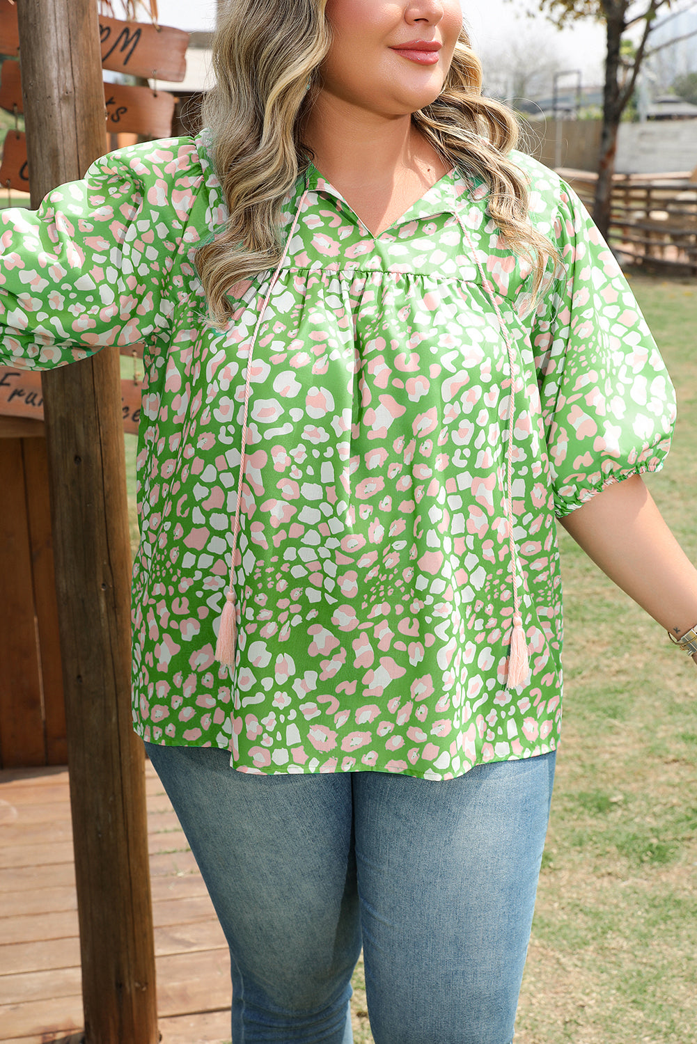 Green Floral Puff Blouse