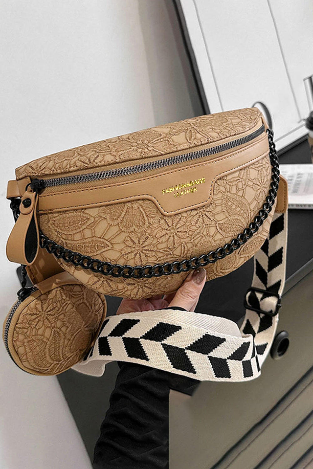 Camel Strap Chain Shoulder Bag With Coin Purse