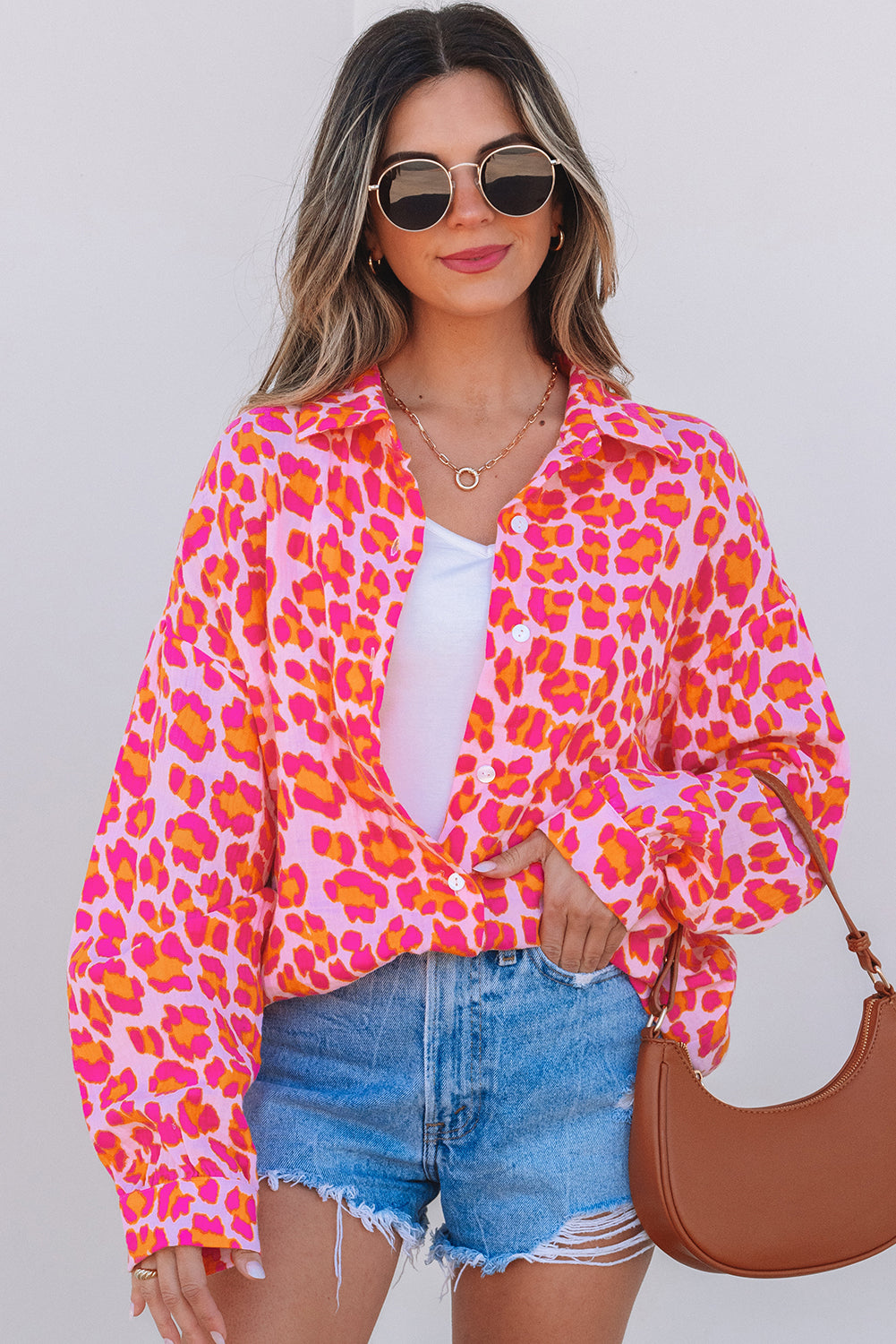 Rose Leopard Print Button Up Loose Shirt