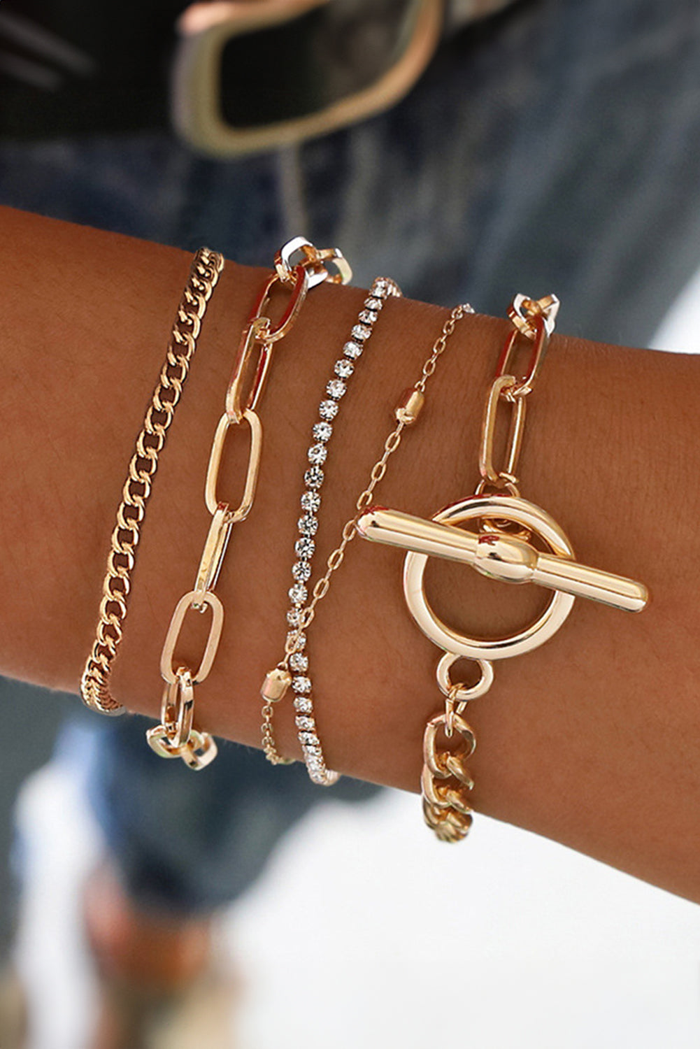 Rhinestone Gold Plated Chain Bracelet Set