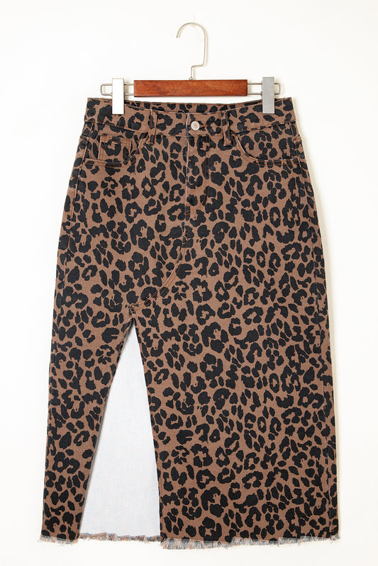 Leopard Denim Split Skirt