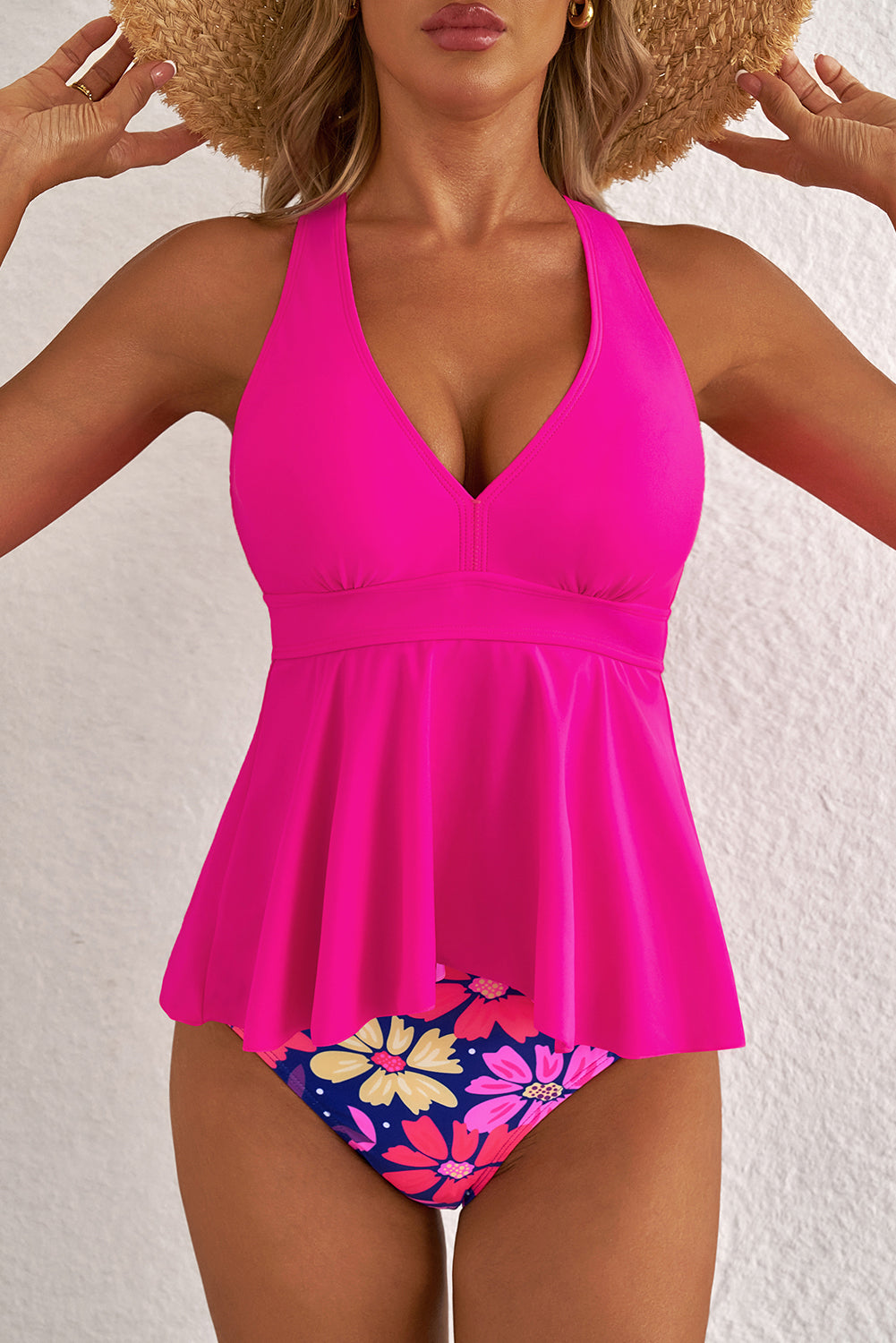 Rose Ruffled Hem Floral Bottom Tankini Set