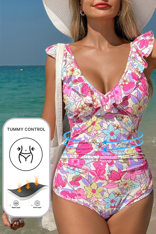 Pink Ruffle Tummy Control Swimsuit