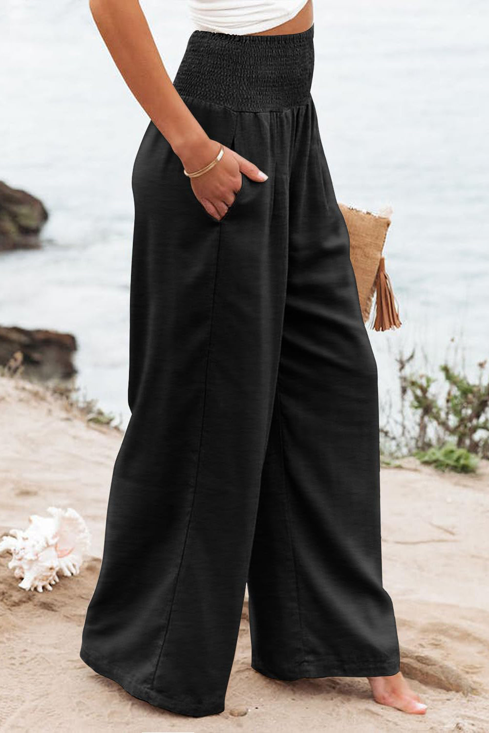 Black Shirred Wide Leg Pants