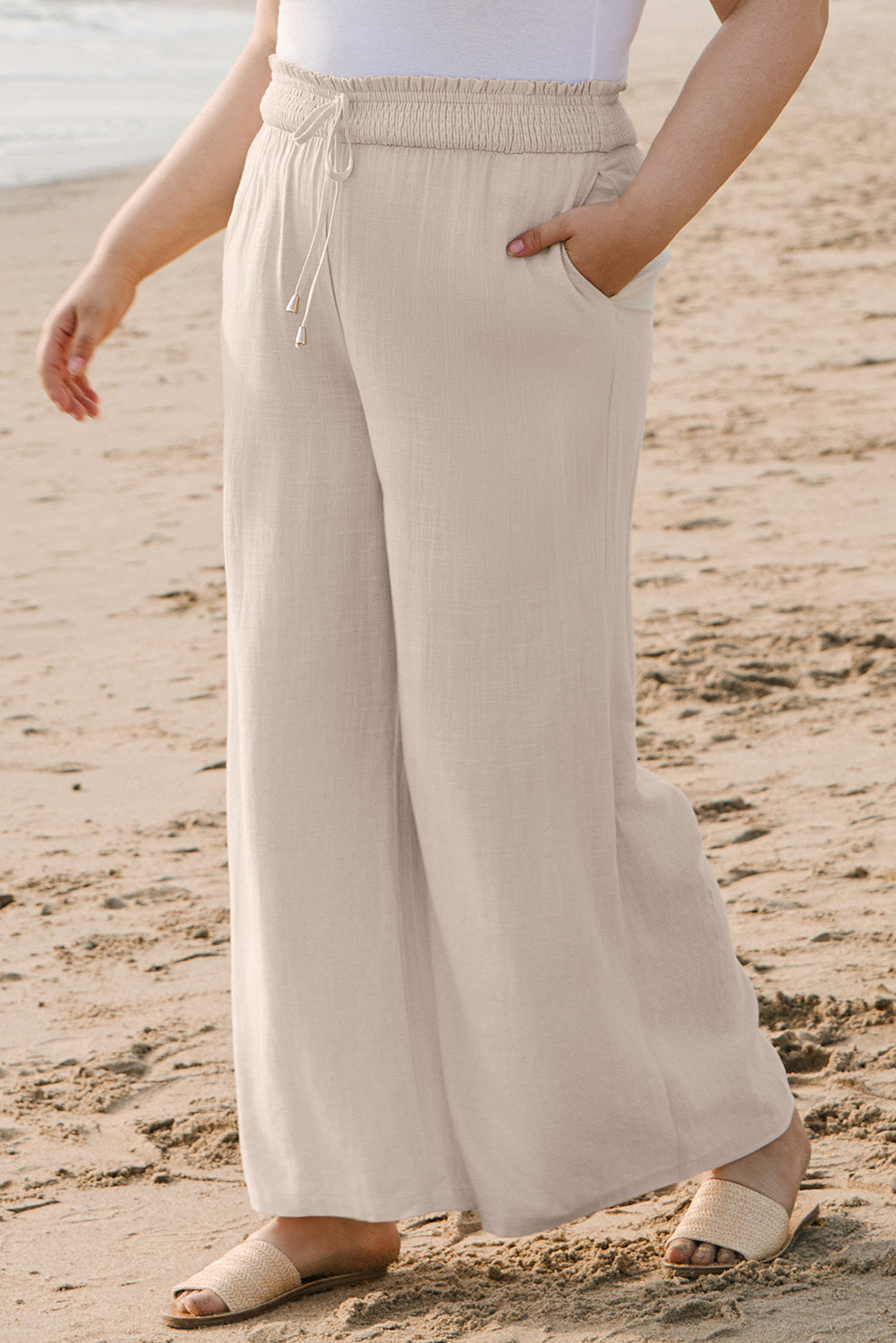 Beige Smocked Wide Leg Pants