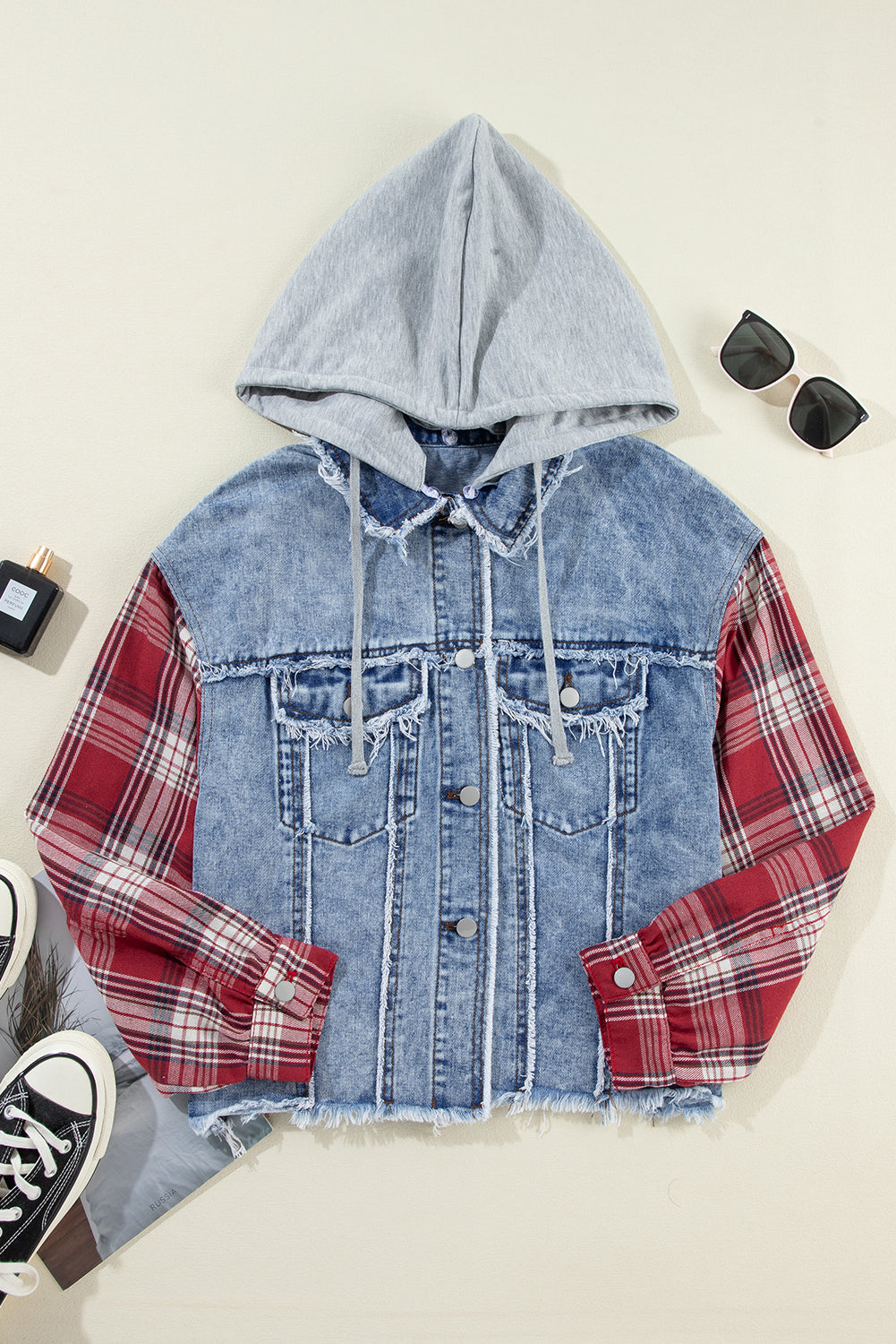 Beau Blue Plaid Sleeve Hooded Denim Jacket