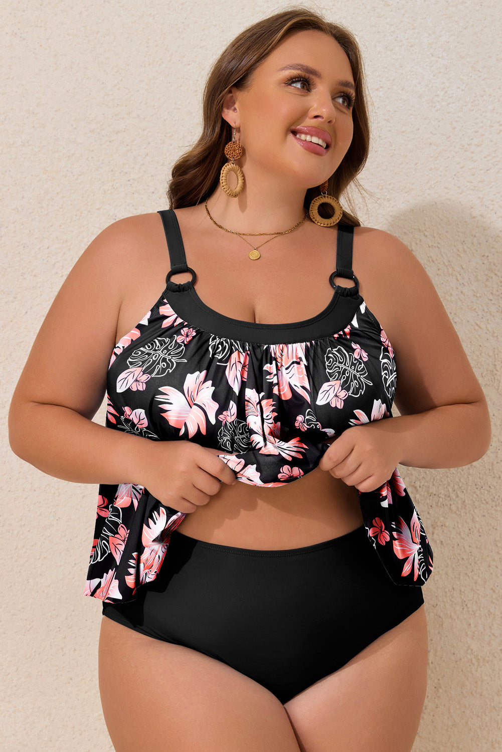 Black 2pcs Wide Strap Tankini Set