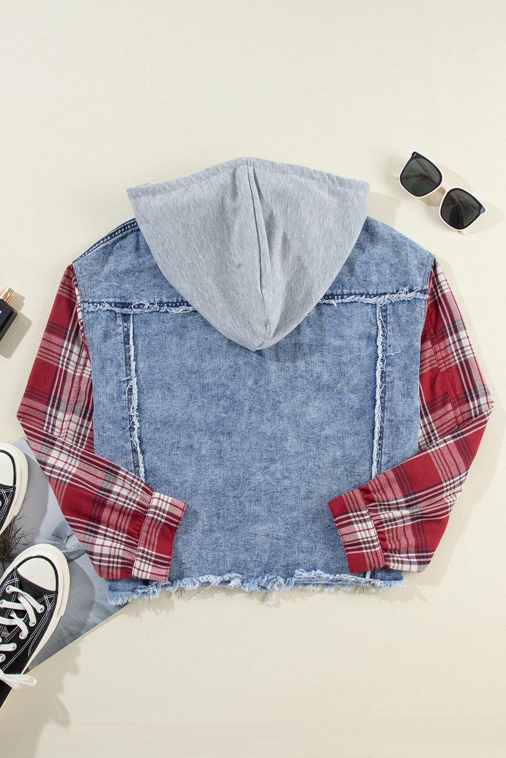 Beau Blue Plaid Sleeve Hooded Denim Jacket