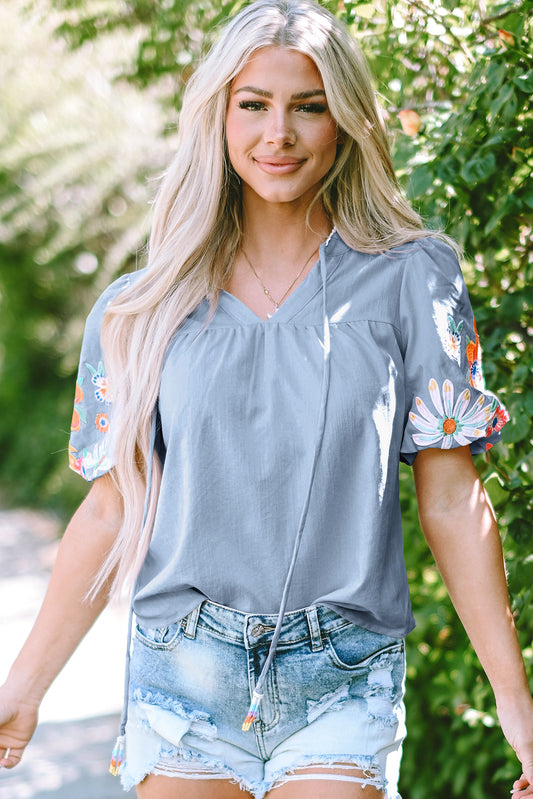 Blue Flower Embroidered Tee