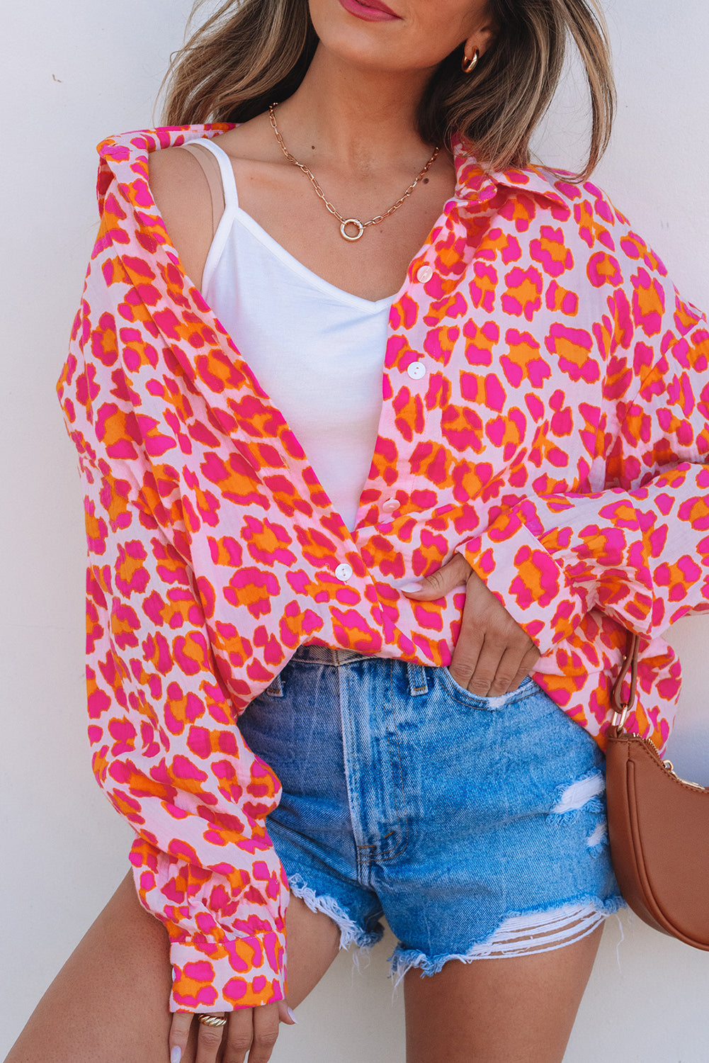 Rose Leopard Print Button Up Loose Shirt