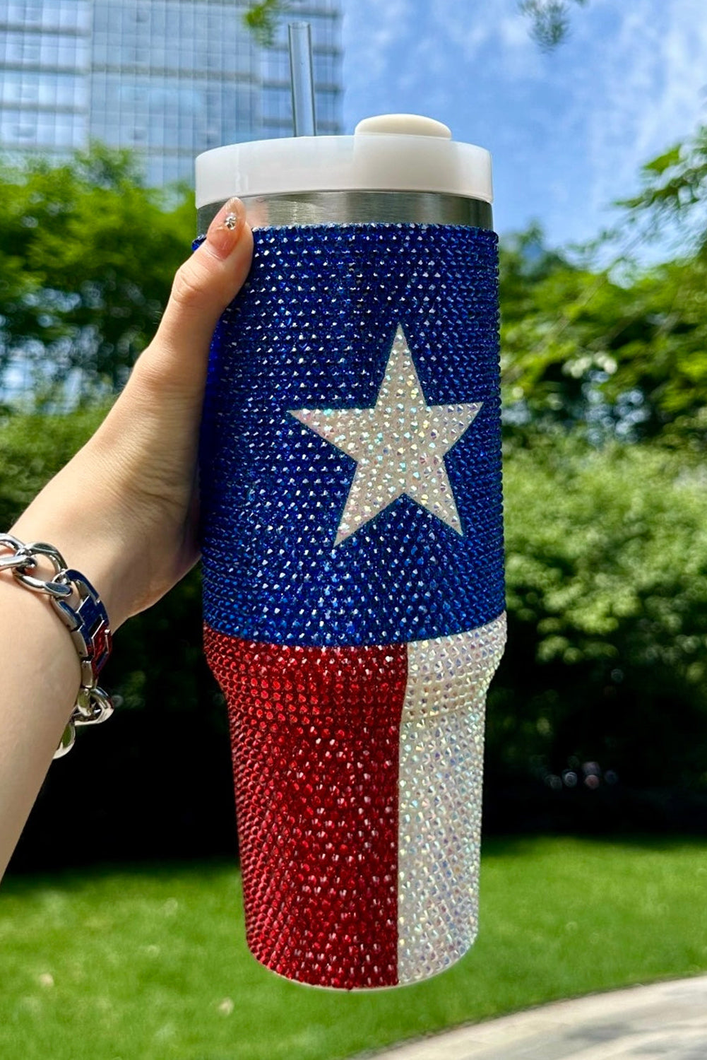 Flag Star Full Rhinestone Tumbler 40oz
