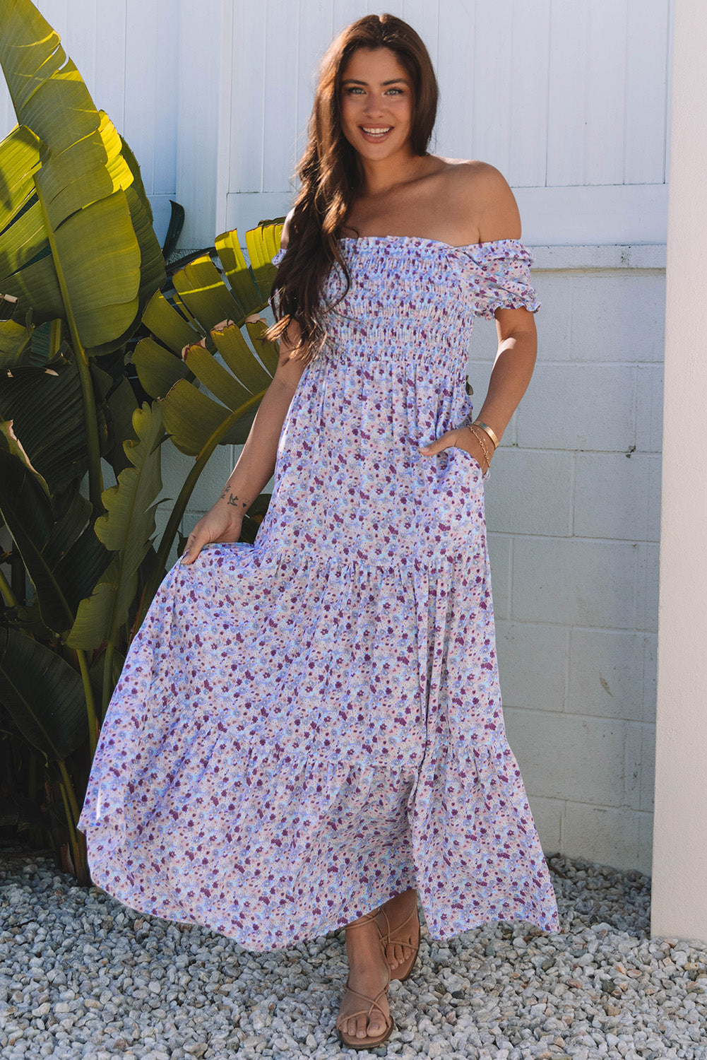 Purple Floral Off-Shoulder Dress