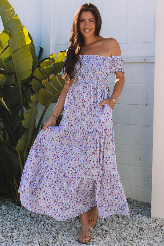 Purple Floral Off-Shoulder Dress