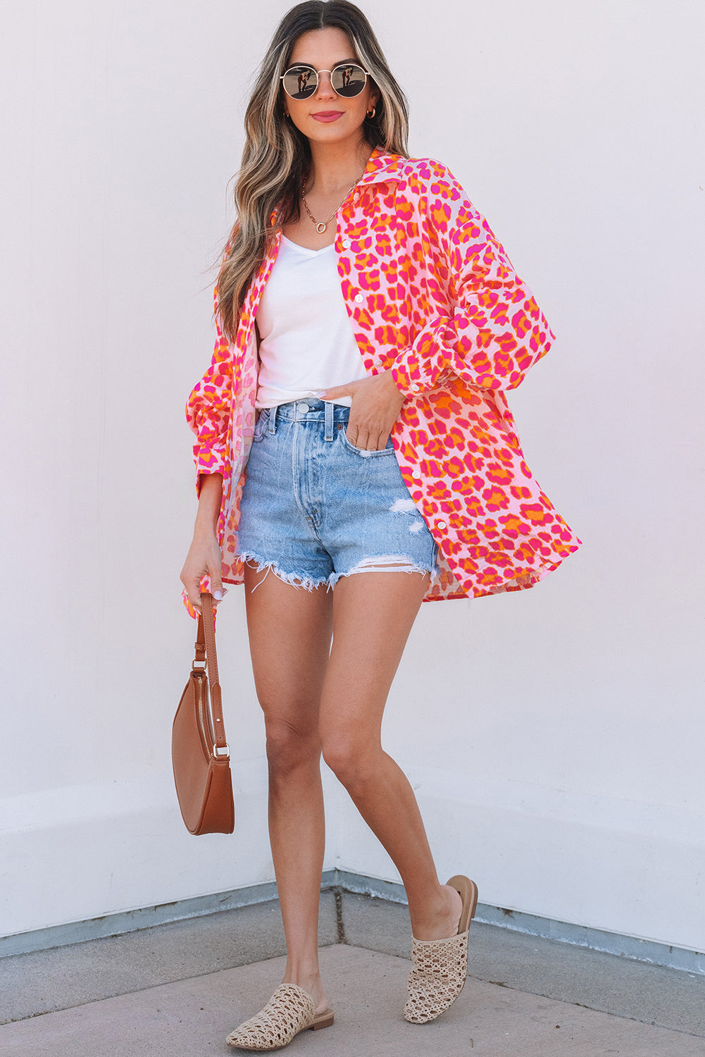 Rose Leopard Print Button Up Loose Shirt
