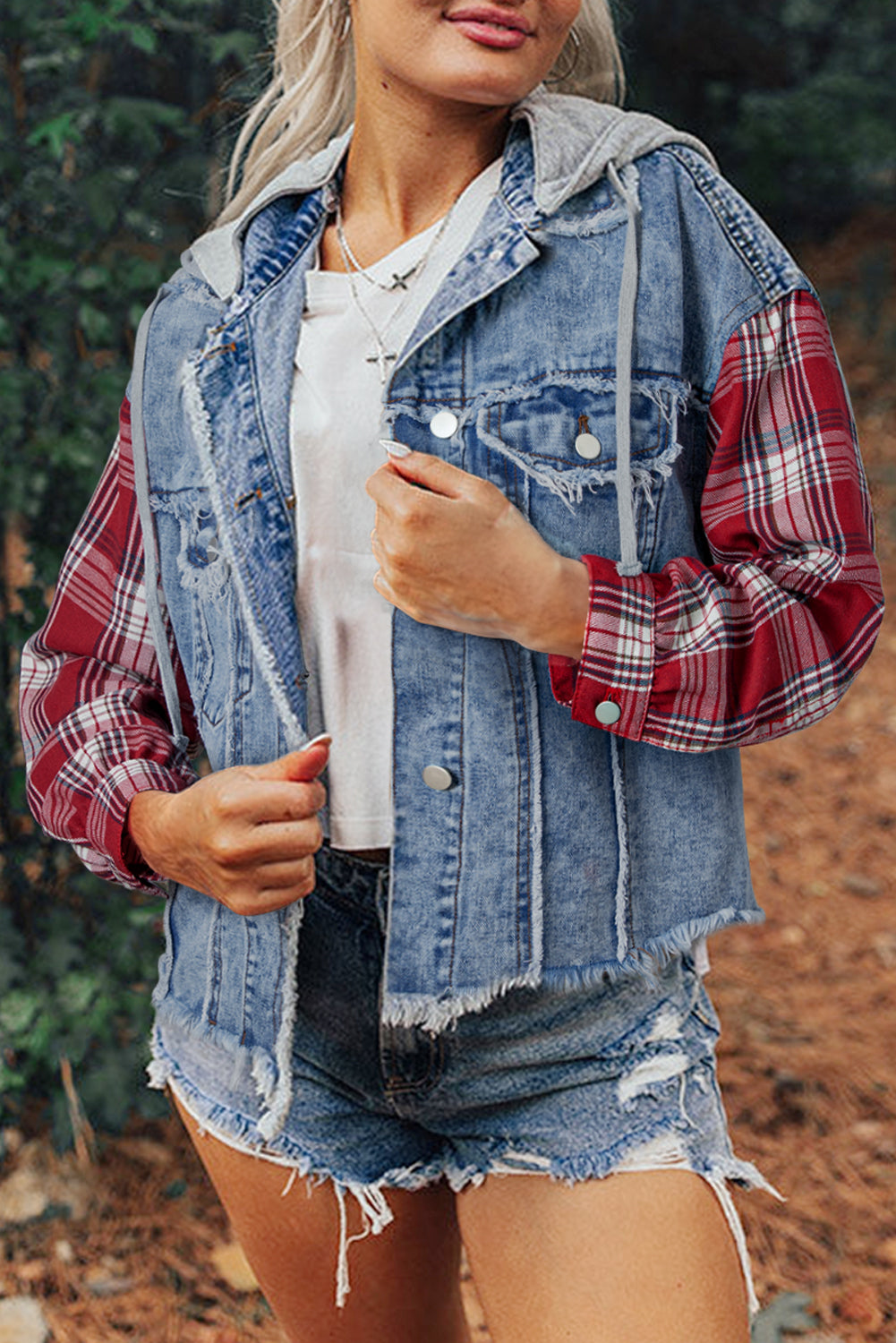 Beau Blue Plaid Sleeve Hooded Denim Jacket