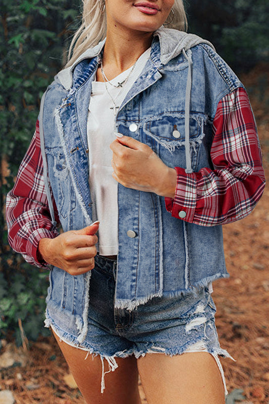 Beau Blue Plaid Sleeve Hooded Denim Jacket