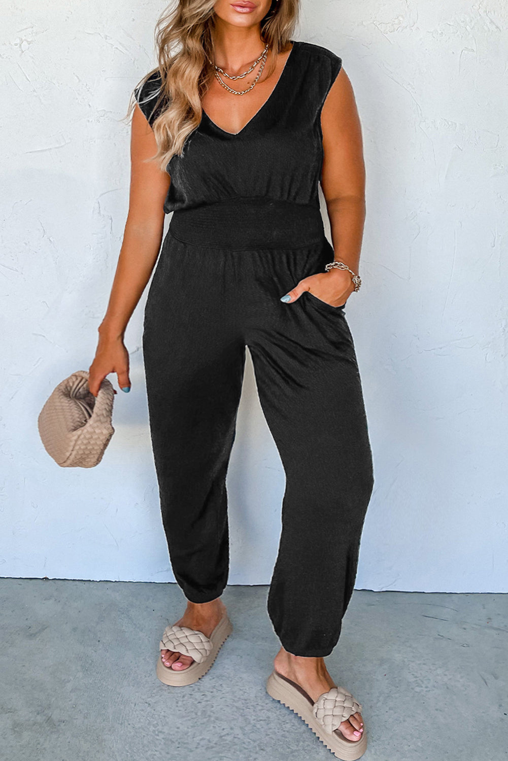 Black Smocked Sleeveless Jumpsuit