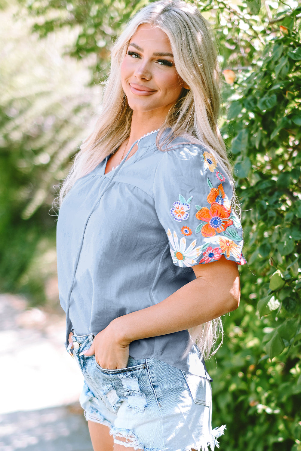 Blue Flower Embroidered Tee