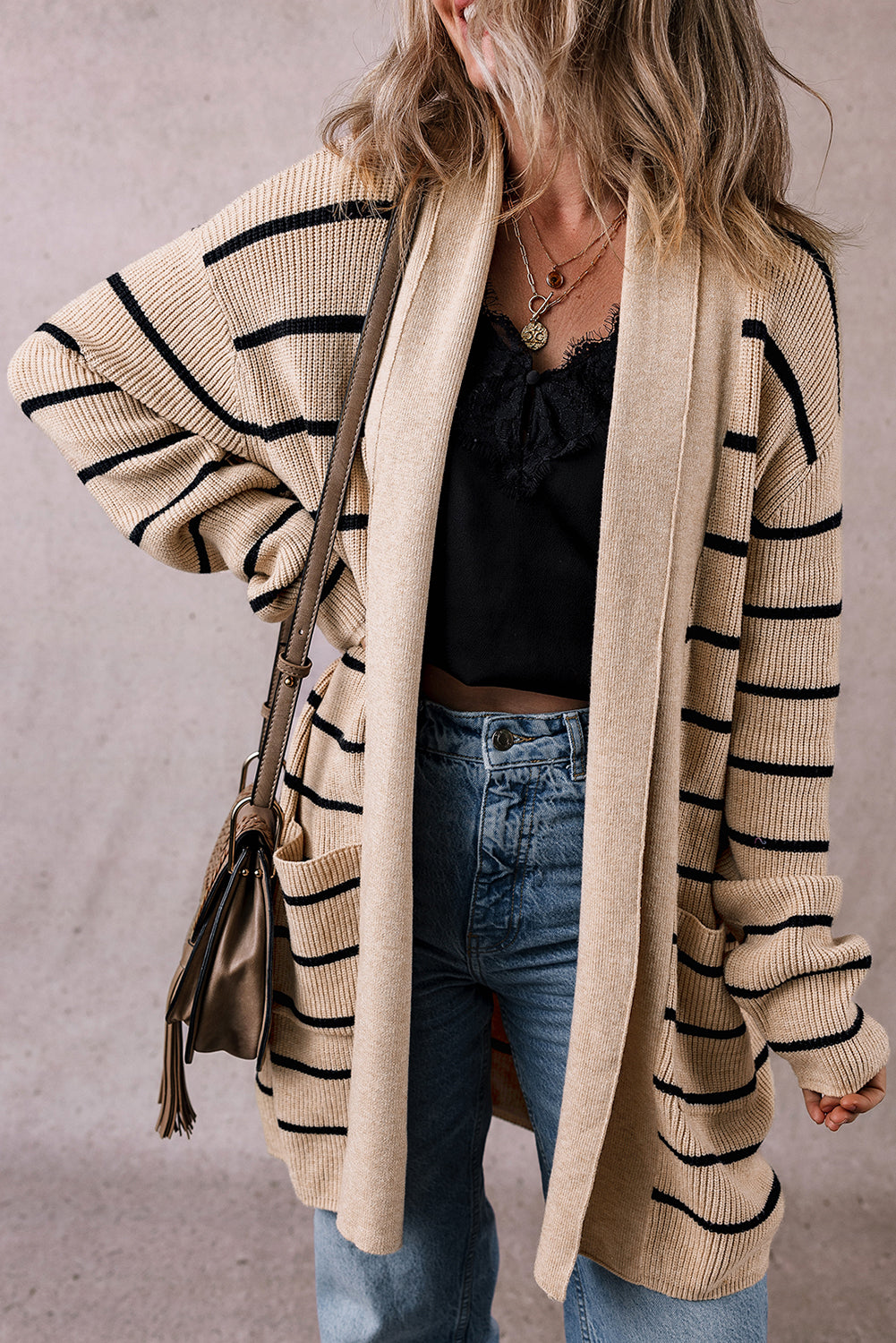 Black Stripe Cardigan with Pockets