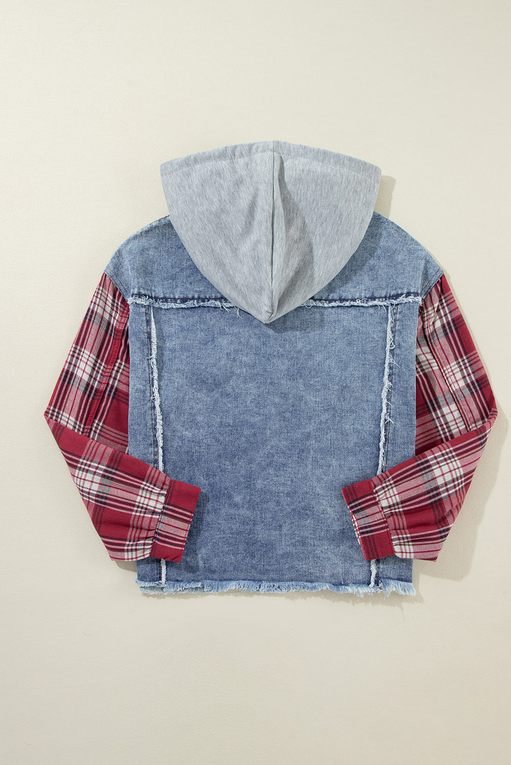 Beau Blue Plaid Sleeve Hooded Denim Jacket