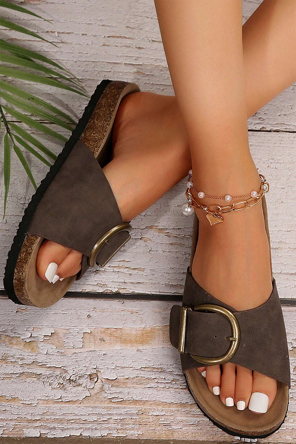 Coffee Color Buckled Faux Suede Sandals