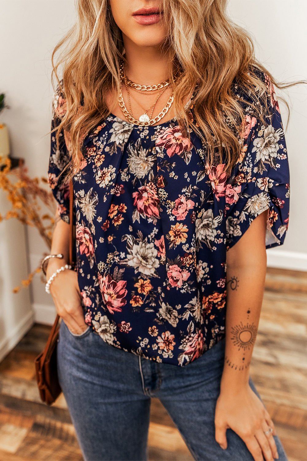 Floral Short Sleeve Casual Blouse