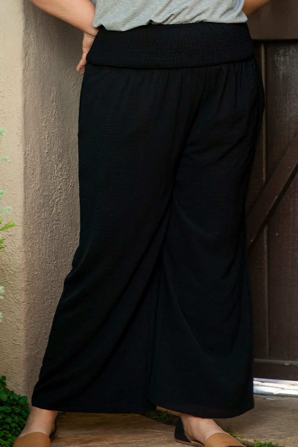 Black Shirred Wide Leg Pants