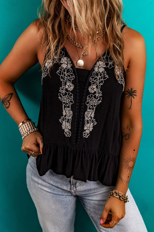 Black Embroidered Ruffled Tank