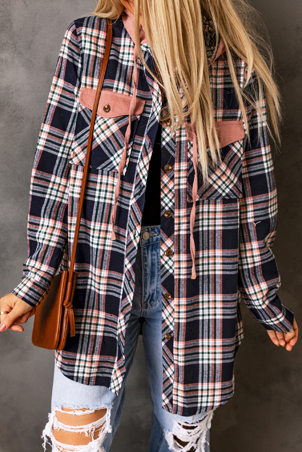 Pink Contrast Hooded Plaid Jacket